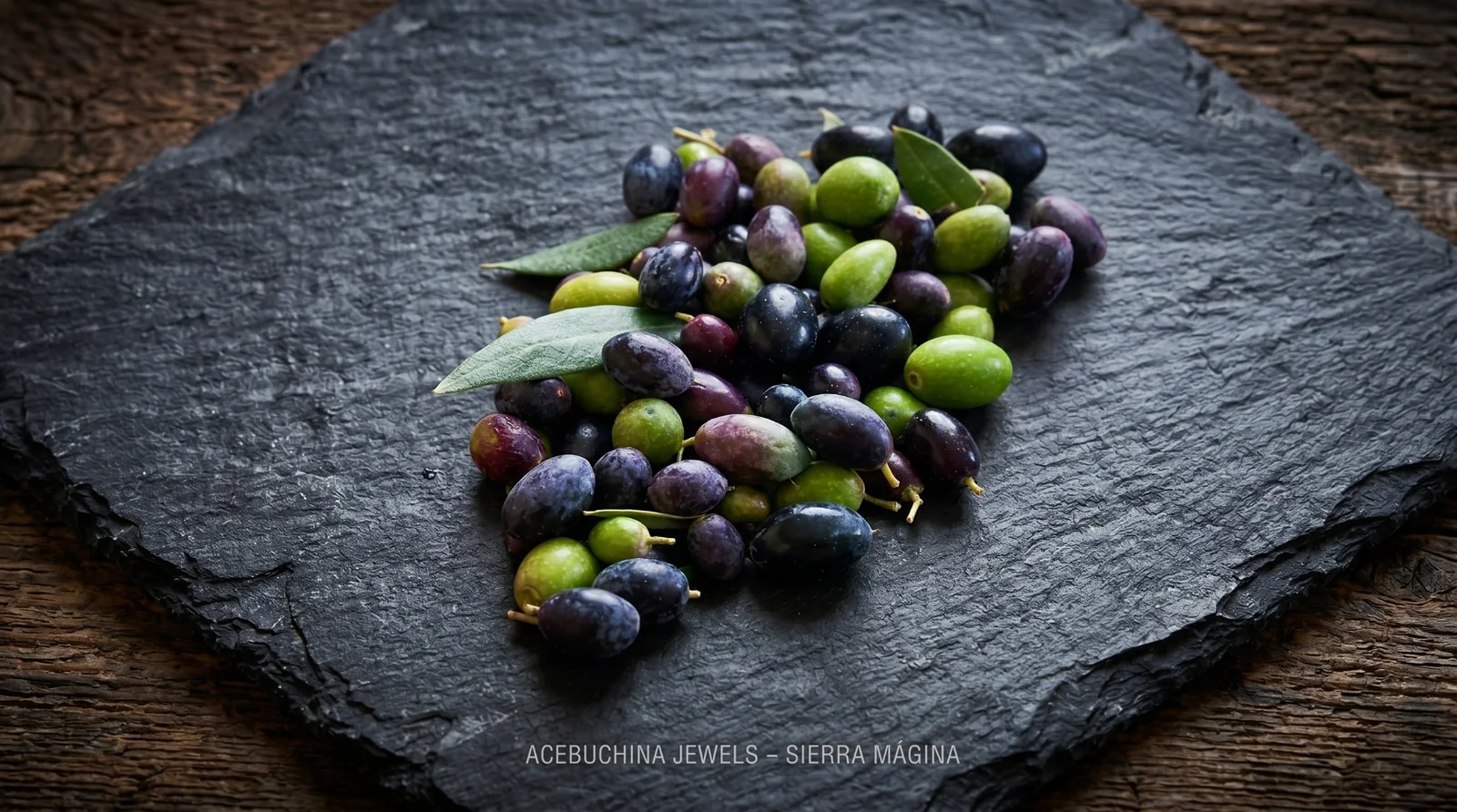 Acebuchinas verdes y moradas sobre piedra negra