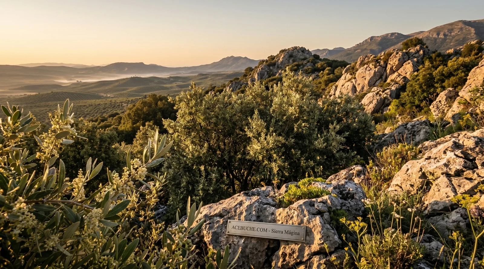 Paisaje de Sierra Mágina con olivos silvestres y rocas