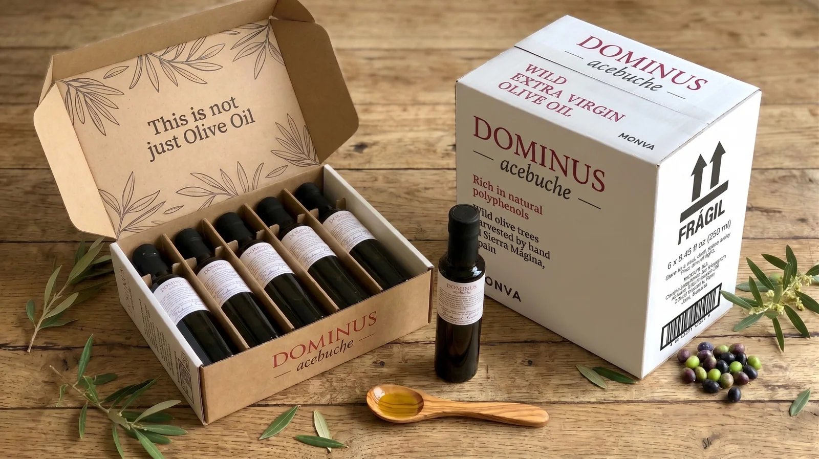 Caja premium Dominus Acebuche con seis botellas de 250 ml